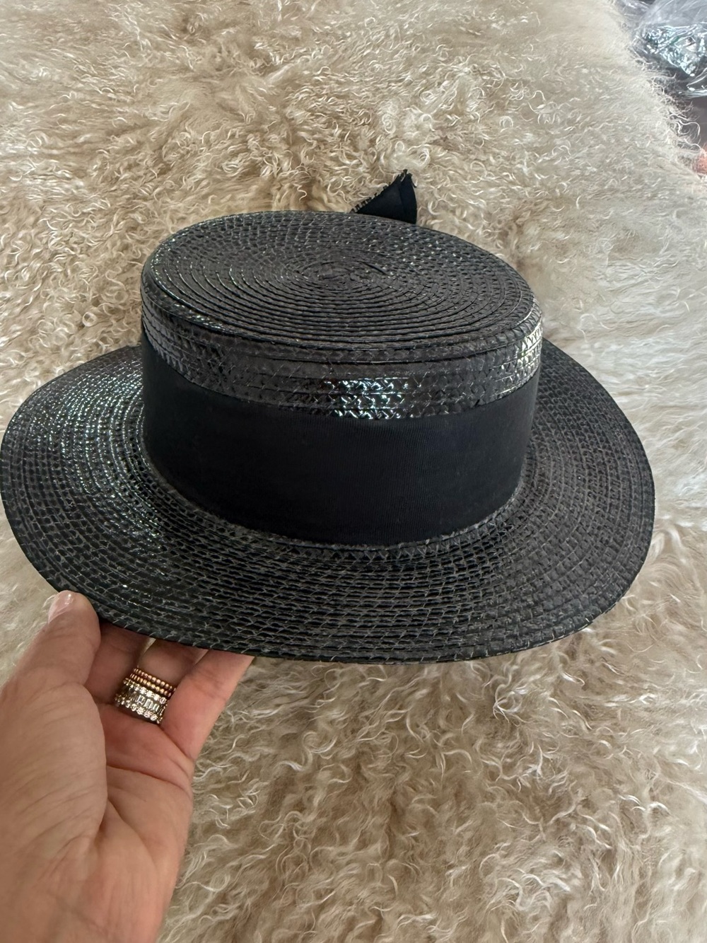 Saint Laurent Black Straw Boater Hat
